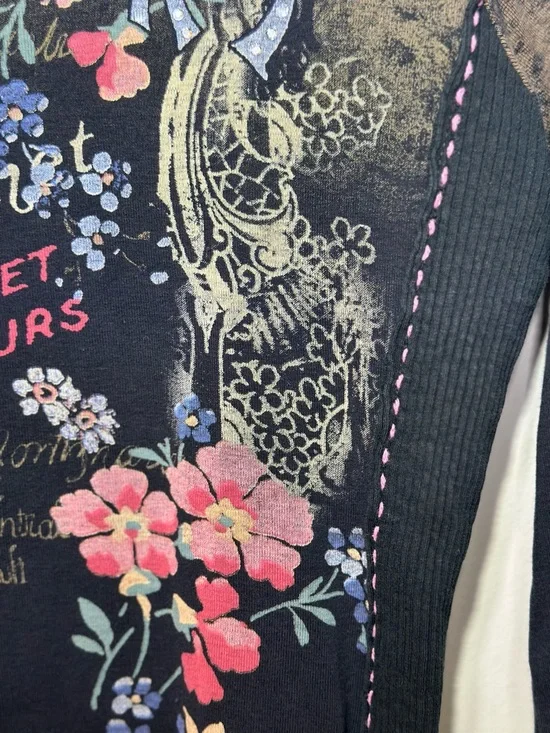 Vanilla Sugar Vintage Y2K Black 3/4 Long Sleeve Top pink black gem detail size M - Picture 3 of 7